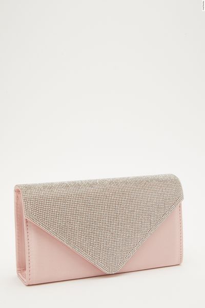 Pink Satin Diamante Clutch Bag